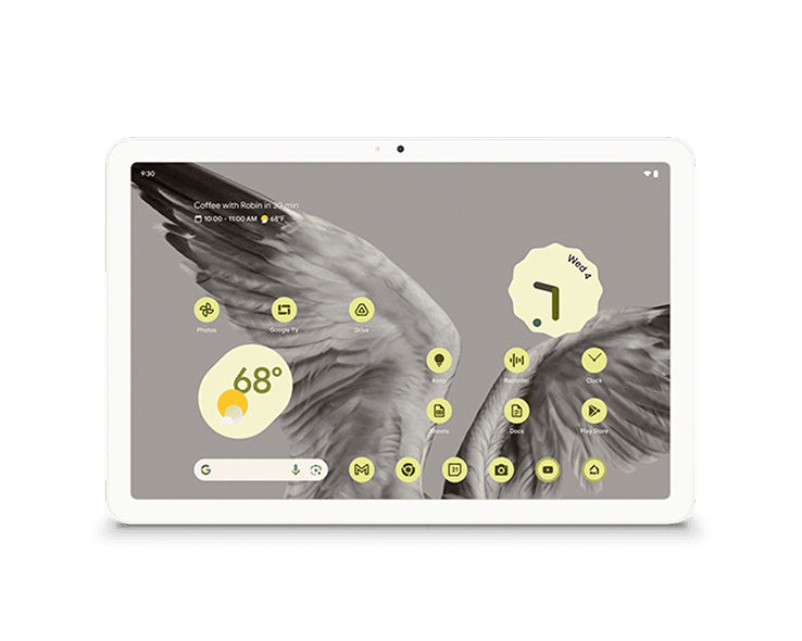 The Google Pixel Tablet with weather and time shown on the front display.